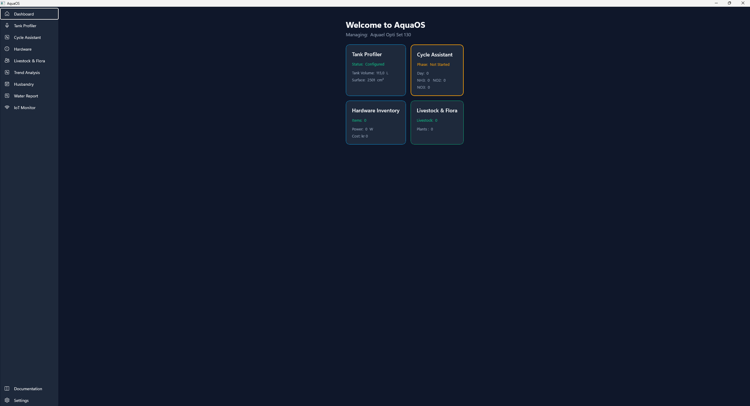 AquaOS Dashboard showing tank status cards, maintenance reminders, and quick access controls