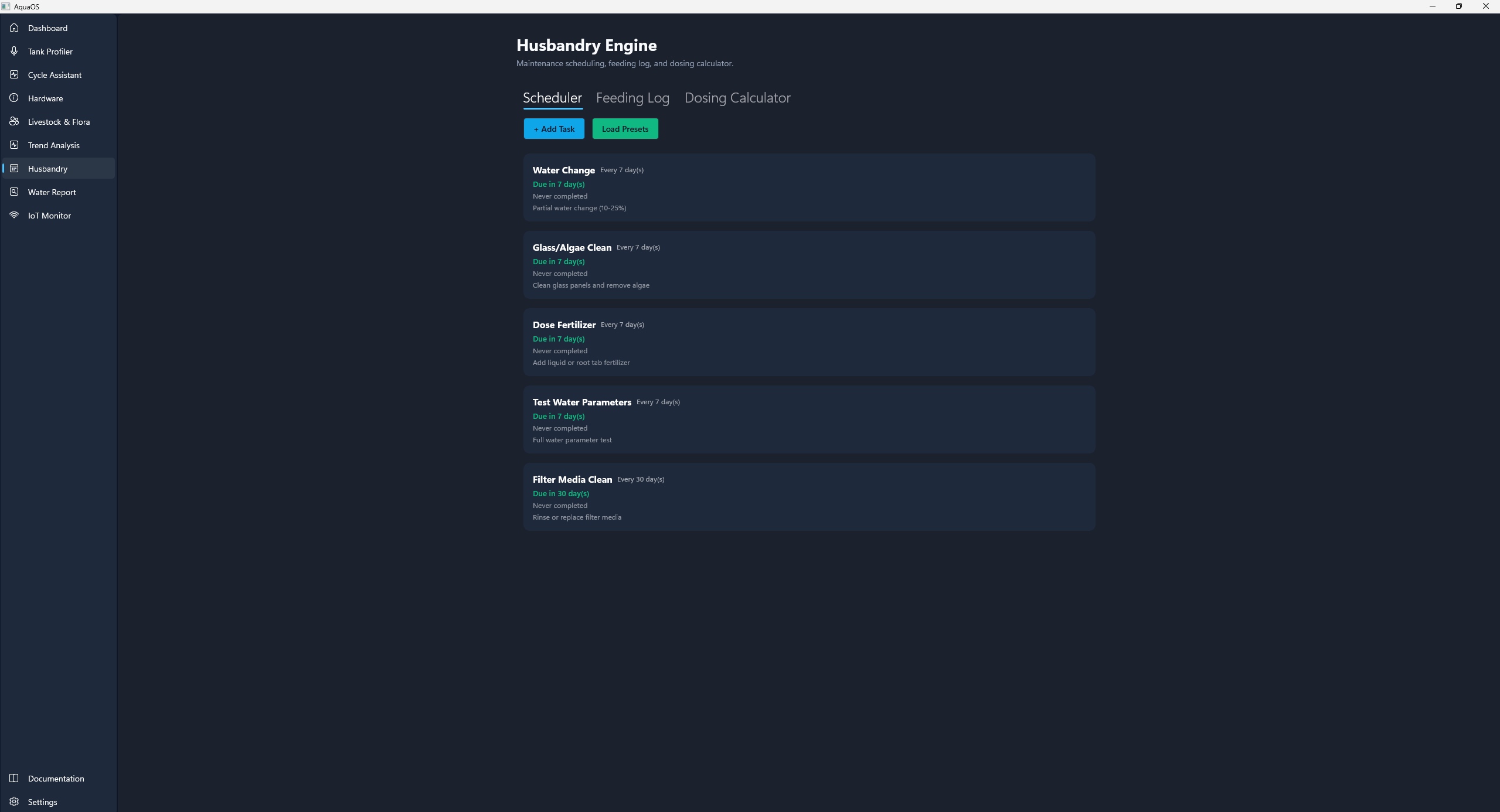 Maintenance and Husbandry scheduler with water change reminders, feeding timers, and daily tasks