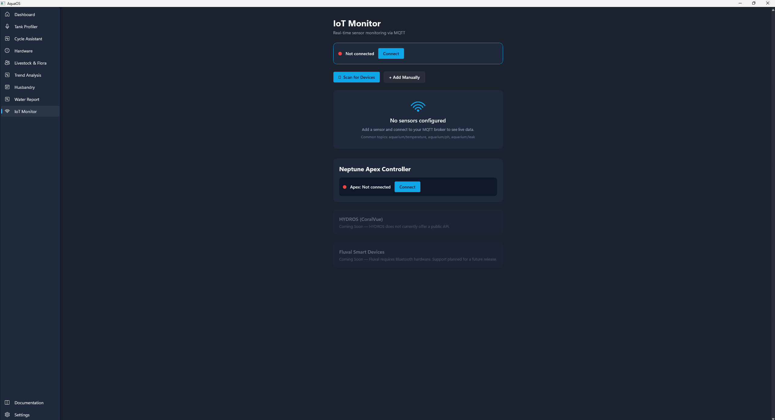 IoT and Smart Sensors dashboard with MQTT and Neptune Apex integration for real-time monitoring